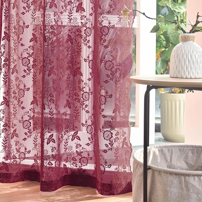 FINECITY Burgundy Lace Curtains Rustic Leaf Floral 52 x 84 Inch, 2 Panels | Rod by FINECITY