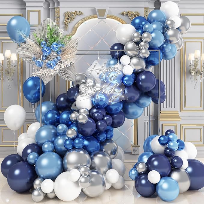 Blue White Silver Balloon Arch Kit by Jobkoo