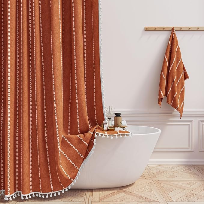 72x96 Extra Long Linen Heavy Duty Shower Curtain Set, Burnt Orange | Extra Tall by ShowerCurtain
