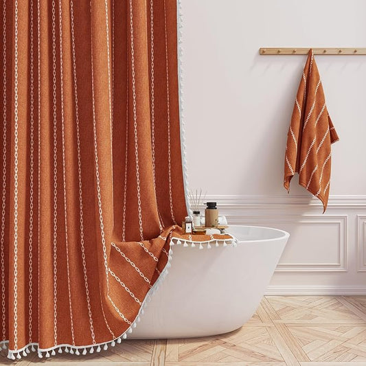60x72 Boho Farmhouse Linen Heavy Duty Shower Curtain Set, Burnt Orange | Narrow by ShowerCurtain