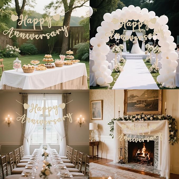 Happy Anniversary Banner, Pre-Strung Gold Glitter Wedding Anniversary - Image 5