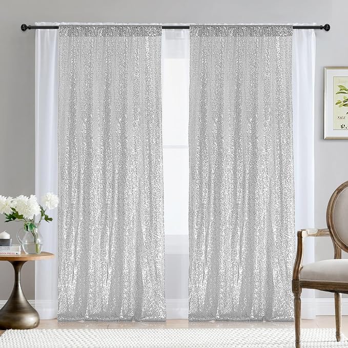 2×8FT-2PCS Silver Sequin Backdrop Curtains Panels, Photography Backdrop Glitter - Image 8