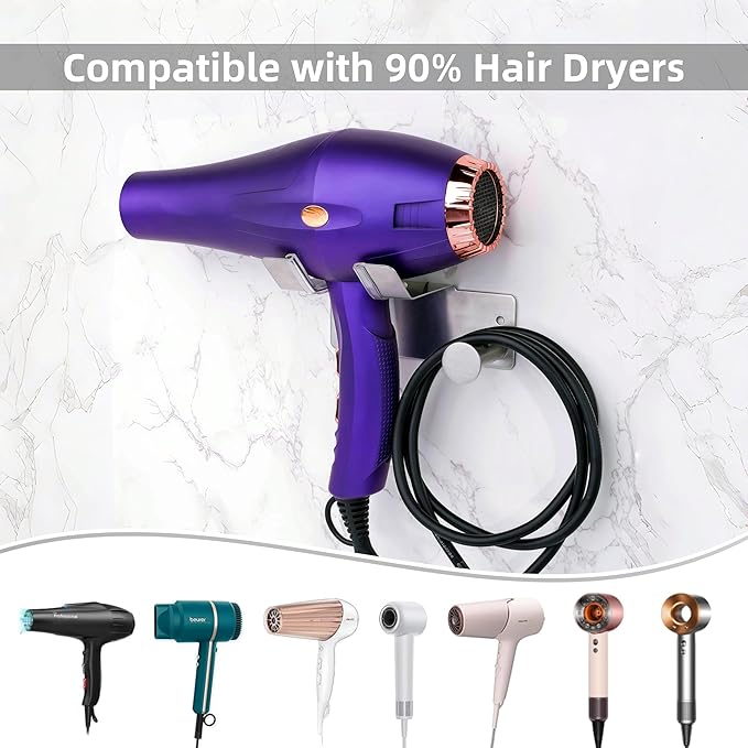 Hair Dryer Holder, Dyson Hair Dryer Holder, Blow Dryer Holder with Cord Hook SUS304 Stainless Steel Wall Mount, Self Adhesive/Screw Space Saving Hairdryer Holder for Bathroom Silver Ptalseaw