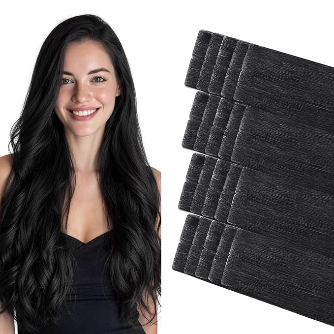 COOKAYU Invisible Tape in Human Hair Extensions, Tape in Extensions Jet Black 22Inch 50g 20pcs Injected Tape Human Hair Seamless Invisi Edge