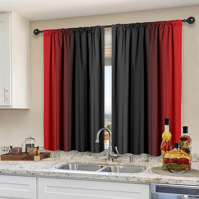 Red and Black Kitchen Curtains 2 Panels - Image 2