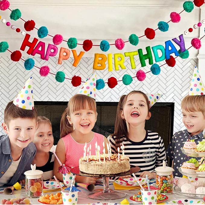 Pre-Strung Happy Birthday Banner, Reusable HAPPY BIRTHDAY Felt Ball Garland | - Image 6