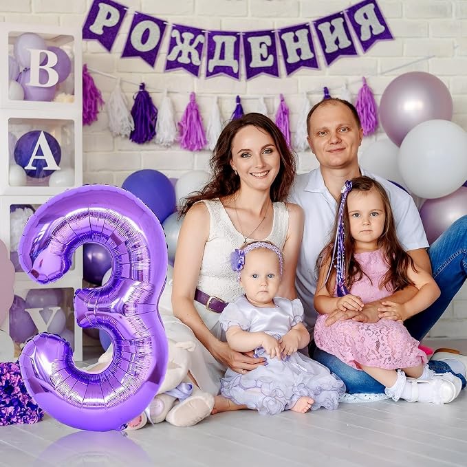 3rd Birthday Number Balloons for Kids, Self Inflating 40 Inch Purple Foil - Image 5