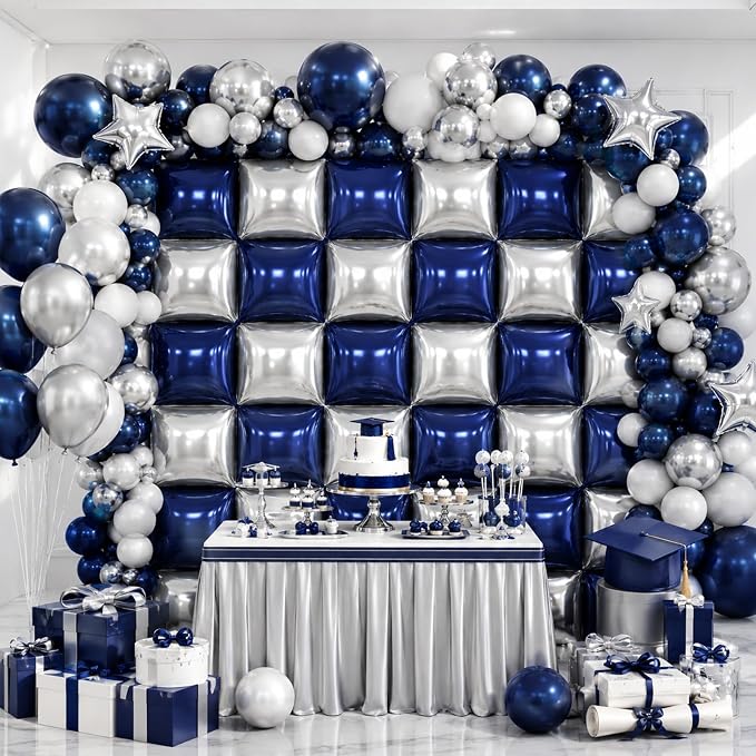 Metallic Navy Blue and Silver Double Sided Square Foil Balloons Wall, 19 Inches - Image 5