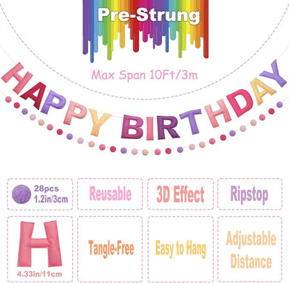 Pre-Strung 3D Felt Happy Birthday Banner, Max span 10ft, NO DIY, Includes Pom - Image 4