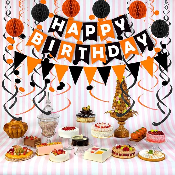 Fecedy Black Orange Happy Birthday Banner Paper Triangle Flag Bunting Circle - Image 3