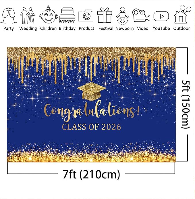 Mocsicka 7x5ft Blue and Gold 2026 Graduation Backdrop Glitter Background Class - Image 5