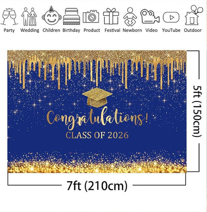Mocsicka 7x5ft Blue and Gold 2026 Graduation Backdrop Glitter Background Class - Image 5