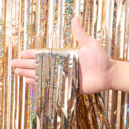 Voircoloria Laser Champagne Foil Fringe Backdrop Curtains, 2 Pack | Tinsel - Image 2