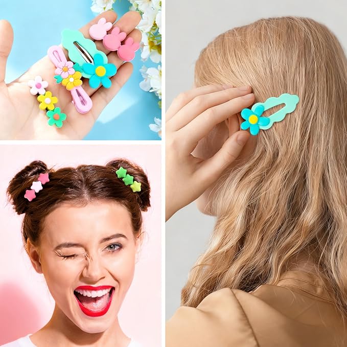28pcs Cute Candy Hair Clip, Non-Slip Snap Clip for Teen Women, Star Flower Muti-Shape Hairpin Cute Barrettes Hair Accessories for Thin Thick Long Short Hairstyles- Pink & Green