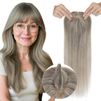 Real Human Hair Toppers for Women 3.54"*4.72" Silky Base 150% Density With Bangs Adjustable Parting Clip-In Topper Hairpieces for Women with Thinning Hair 14 Inches White Mixed Natural Black