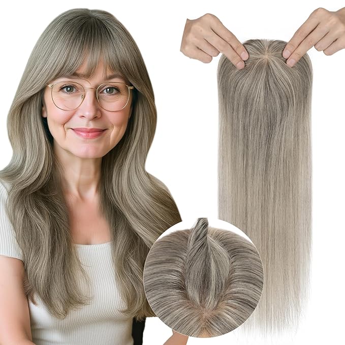 Real Human Hair Toppers for Women 3.54"*4.72" Silky Base 150% Density With Bangs Adjustable Parting Clip-In Topper Hairpieces for Women with Thinning Hair 16 Inches White Mixed Natural Black