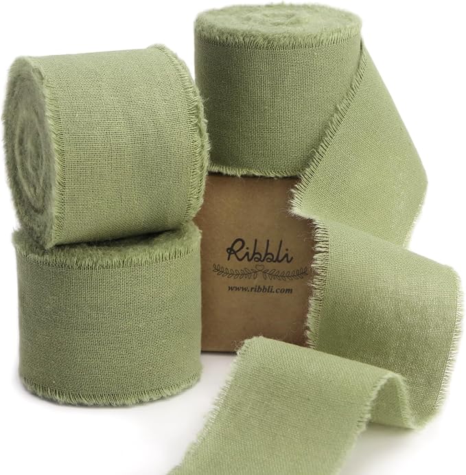 Ribbli 3 Rolls Sage Green Ribbon 1.5 Inch x 18Yards Handmade Cotton Frayed by Ribbli