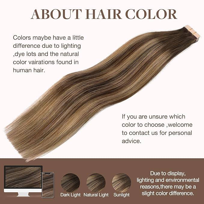 GOO GOO Tape in Hair Extensions Human Hair, 4/27/4 Balayage Chocolate Brown to Caramel Blonde, 26inch 60g 20pcs, Skin Weft Seamless Invisible, Silky Straight with Thick Ends, Remy Human Hair