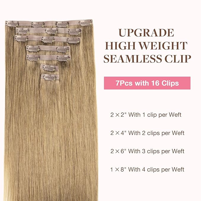 GOO GOO Clip in Hair Extensions Real Human Hair, Remy Human Hair Extensions Clip ins for Women, Natural Human Hair, 22inch 150g 7Pcs, 7 Bronde