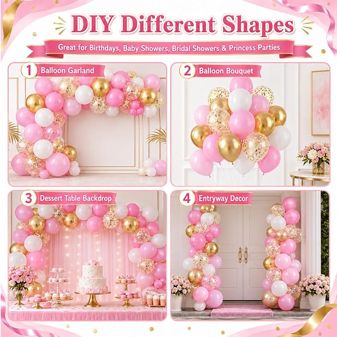 Pink Gold Balloons, Metallic Gold Confetti Latex Balloons, Women Girls Princess - Image 6