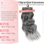 KooKaStyle Clip in Synthetic Hair Extensions Long Wavy 4PCS Thick Hairpieces Grey Sliver Mixed Fiber Double Weft Natural Hair Extensions 20 Inch for Women