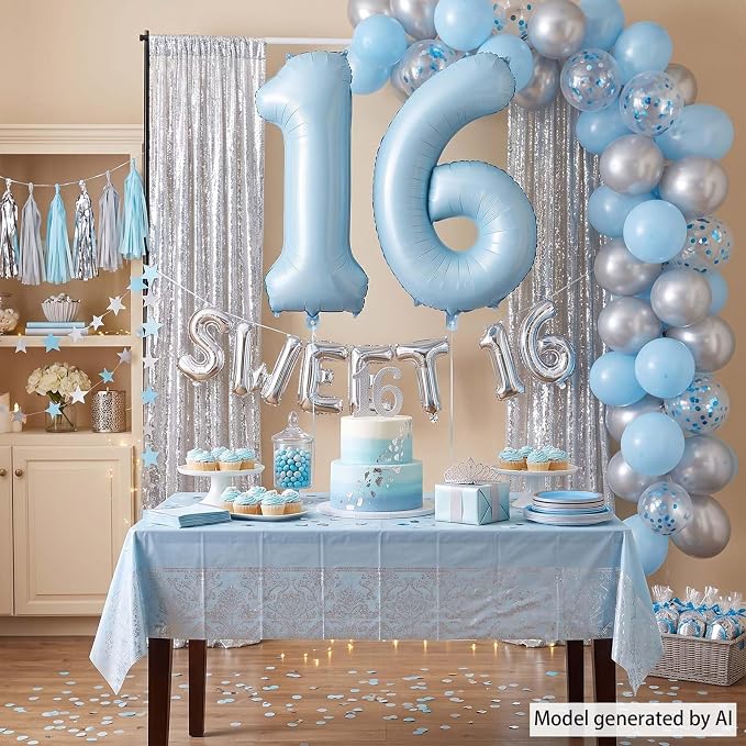 Baby Blue Number 16 Balloon 40 Inch, Foil Digits Theme Party Supplies | Elegant - Image 3