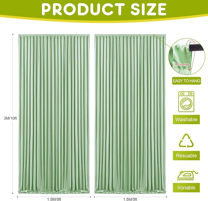 Sage Green Backdrop Curtain for Parties Backdrop Drapes 10x10FT | Wrinkle Free - Image 2