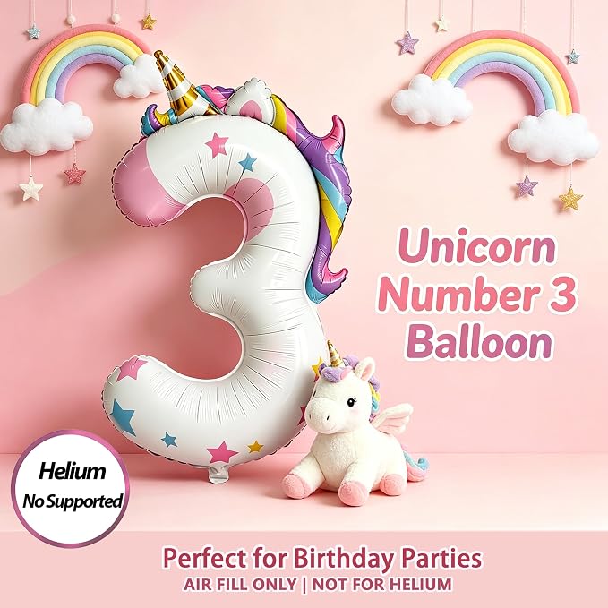 Unicorn Theme Number 3 Balloon, 40 Inch Foil Number Balloon - Image 2