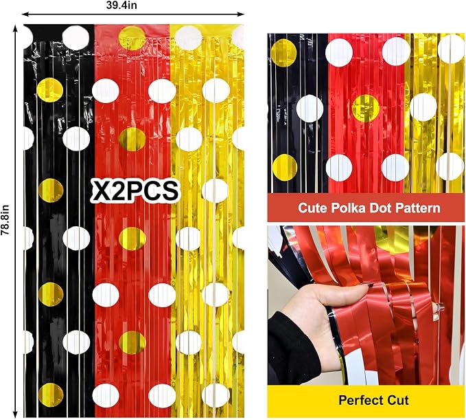 2 Packs Red Black Yellow Foil Fringe Curtain, Mouse Polka Dots Glitter Metallic - Image 6