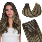 GOO GOO Clip in Hair Extensions Real Human Hair, Remy Human Hair Extensions Clip ins for Women, Natural Human Hair, 14inch 130g 9Pcs, 4/26/4 Balayage Chocolate Brown to Honey Blonde