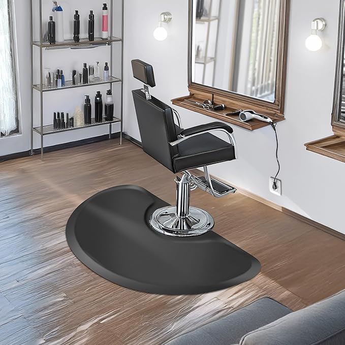 Saloniture 3 ft. x 4 ft. Salon & Barber Shop Chair Anti-Fatigue Mat - Black Semi Circle - 1 in. Thick