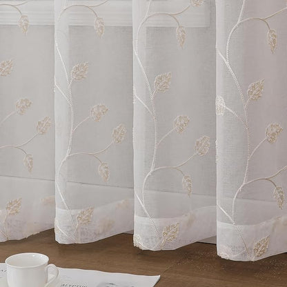 Beige Sheer Curtains Decorative Embroidered Leaf 96 Inches Long | Light - Image 4