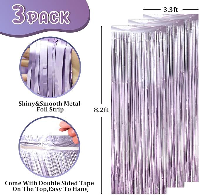 Voircoloria Light Purple Foil Fringe Backdrop Curtains, 3 Pack | Tinsel - Image 2