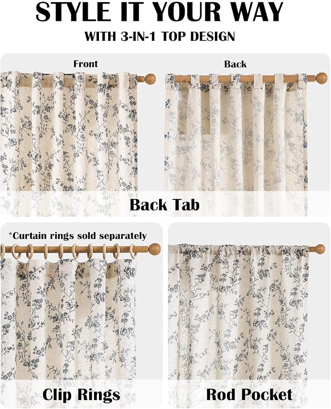 Black Vintage Floral Linen Curtains Farmhouse 38W X 90L 2 Panels | Elisa Series - Image 4