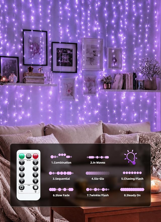 Brightown 300 LED Purple Fairy Curtain Lights, 9.8ft x 9.8ft String Lights | - Image 5