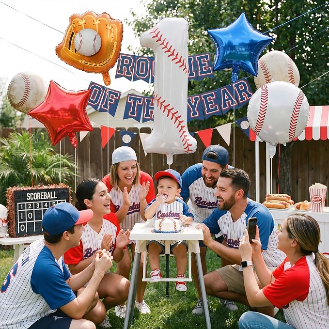 Jenaai Number 1 Baseball Balloons White Red and Blue Baseball Glove Balloons - Image 6