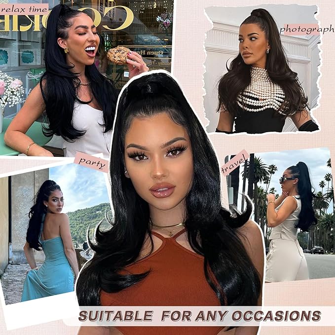 Ponytail Extension, Drawstring Ponytail Extension for Women 26 Inch Long Wavy Highlights Pony Tails Hair Extensions Synthetic Clip in Ponytail Hairpiece for Women(H1B/113)