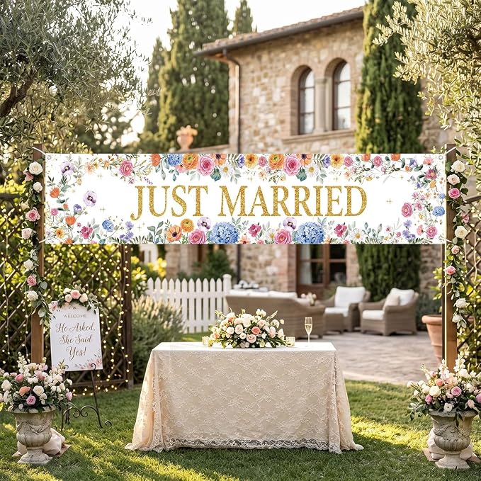 Just Married Wedding Decor Banner Decorations Party Hanging Sign | Reusable - Image 3
