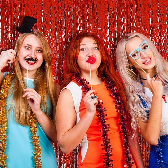 BOMSI Red Tinsel Foil Fringe Curtains Wavy Backdrop - Image 6