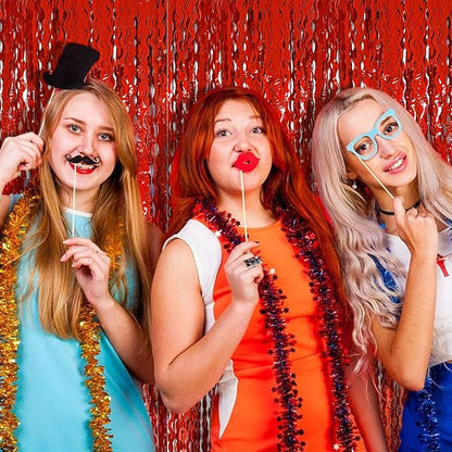 BOMSI Red Tinsel Foil Fringe Curtains Wavy Backdrop - Image 6