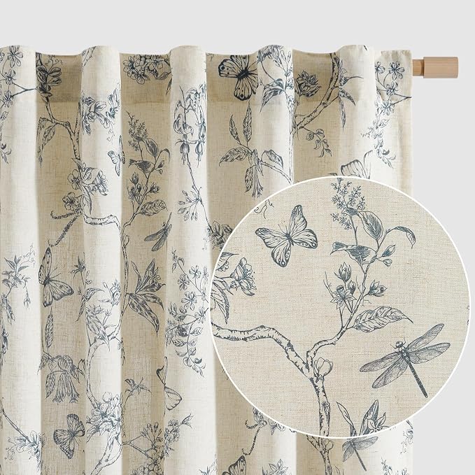 Blue Floral Linen Curtains Farmhouse Rod Pocket 50W X 84L 2 Panels | Charlotte by Lazzzy