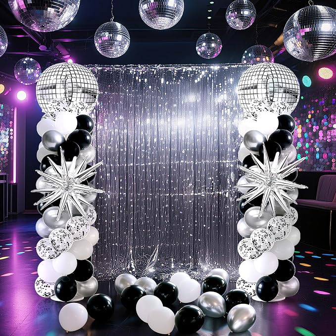 2 Sets Disco Balloon Column Stand Kits Adjustable Black and Silver Balloons - Image 2
