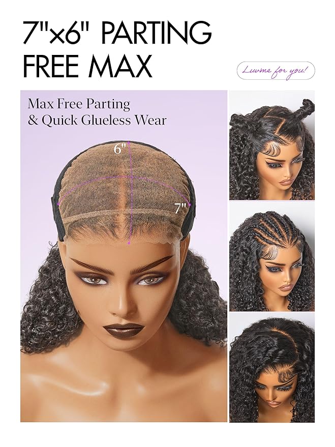 LUVME HAIR 7x6 HD Lace All-Day Comfort Burmese Messy Curly Wig PartingMax Lace Wigs Lace Front Wigs Human Hair Pre Cut Plucked Lace Frontal Glueless 18 Inches Natural Black Color