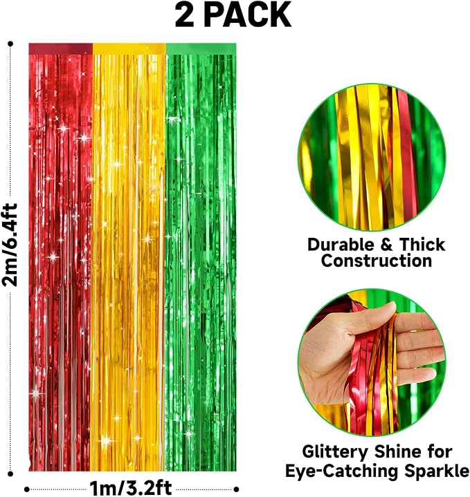jijAcraft Red Yellow Green Tinsel Foil Fringe Curtain, 2 Pack 3.2x6.5 Feet - Image 2