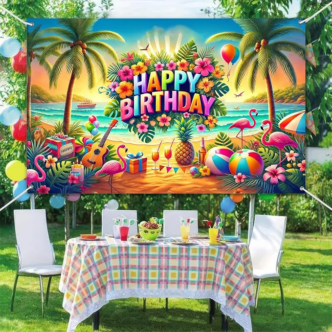 BlissYard Tropical Flamingo Polyester Birthday Banner 71x43 Inch Decor | - Image 6