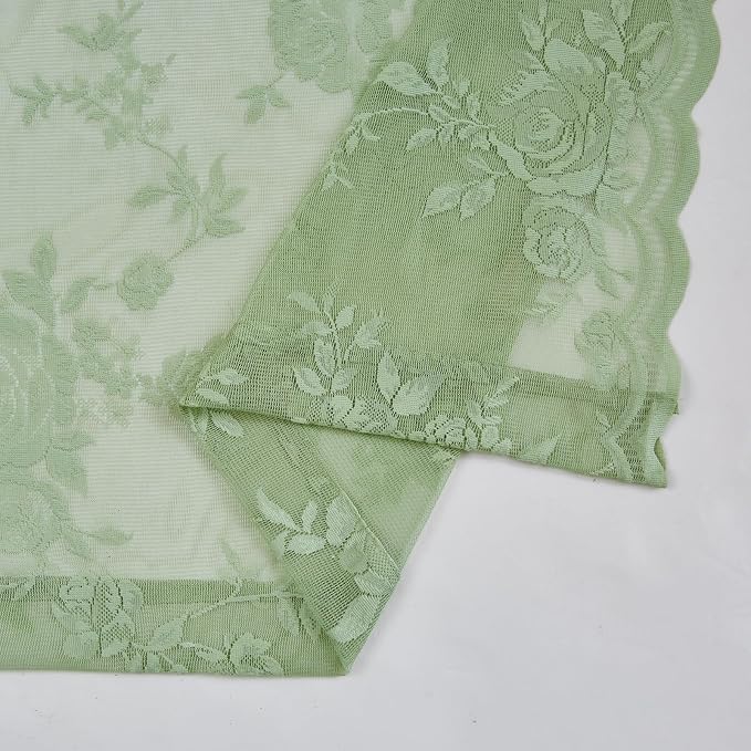 Sage Green Lace Cafe Curtains 24 Inch Length 2 Panels set Country Floral Sheer - Image 6