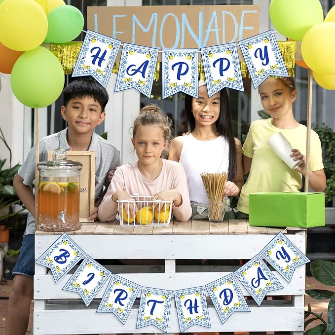 Lemon Happy Birthday Banner Blue Tiles Lemon Party Banner Triangle Flags Sign - Image 9