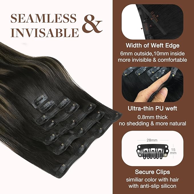 GOO GOO Clip in Hair Extensions Real Human Hair, Remy Human Hair Extensions Clip ins for Women, Natural Human Hair, 24inch 140g 7Pcs, #1B/6/1B Balayage Natural Black to Chestnut Brown