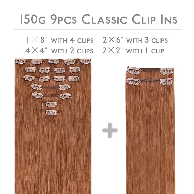 WENNALIFE Clip in Hair Extensions, 150g 14 Inch 9pcs Cinnamon Terra Copper Remy Hair Thicker Double Weft Extensiones De Cabello Humano Con Clip Ins Straight Full Volume