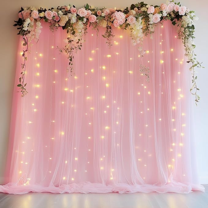 Tulle Backdrop Curtains with Lights Pink 10x8ft Sheer Curtain Backdrop | Tulle - Image 6